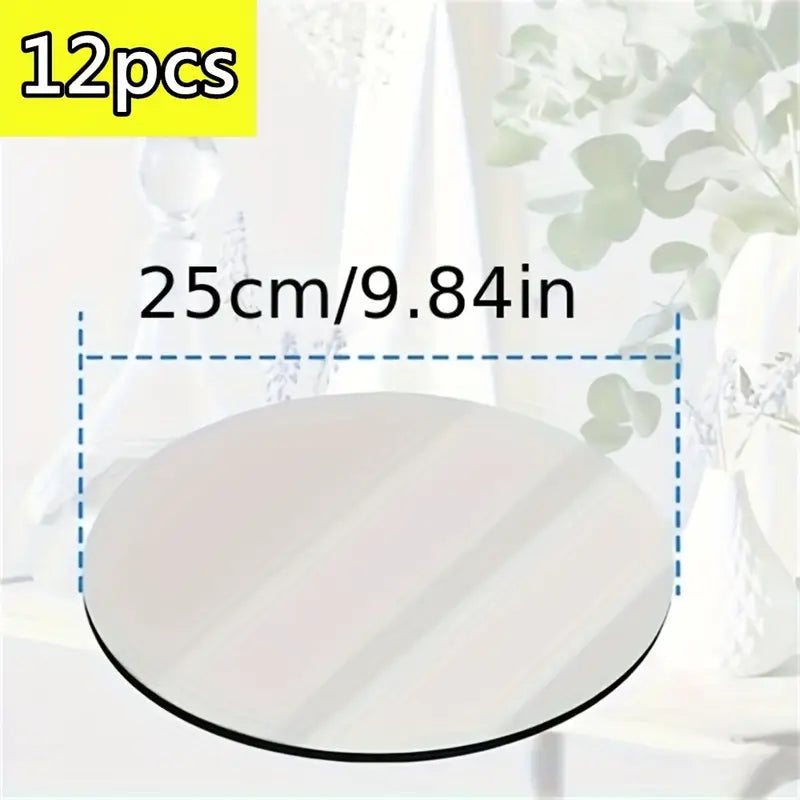 Circular Acrylic Mirror Trays | 12 PCS | 2mm Thick Shatterproof Self-Adhesive Wall Stickers, Detachable Horizontal Mirror Surface for Wedding Table, Birthday Party, Versatile Tray Use, Modern Decorative Trays