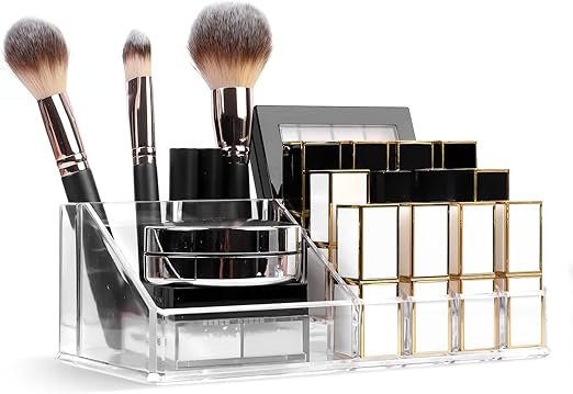 Makeup Organizer Lipsticks Organizer,Acrylic Cosmetic Storage with 16 Slots,Cosmetic Brush,Skin Care Product and Lipsticks Holder