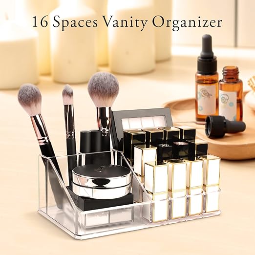 Makeup Organizer Lipsticks Organizer,Acrylic Cosmetic Storage with 16 Slots,Cosmetic Brush,Skin Care Product and Lipsticks Holder