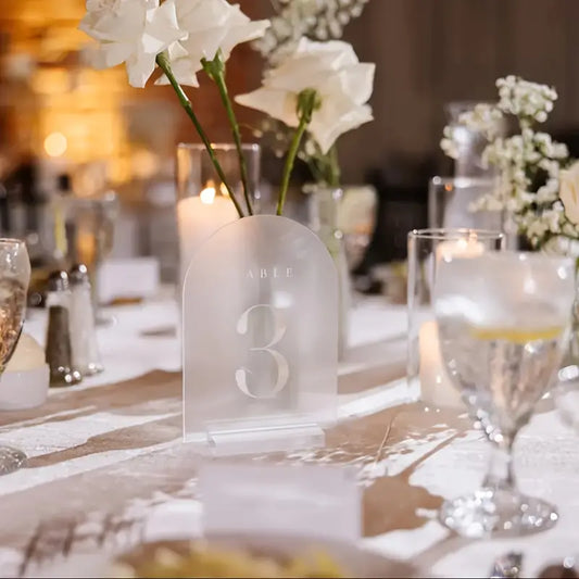 Frosted Acrylic Table Plaques - Blank Arched Table Plaques for DIY Wedding, Party, Anniversary, Event Decorations (Includes 9 Acrylic Plaques and 9 Bases)