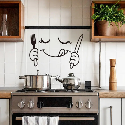 Fork & Knife With Smiley Face - Beautiful Kitchen Wall Decal - Best For Home & Restaurant