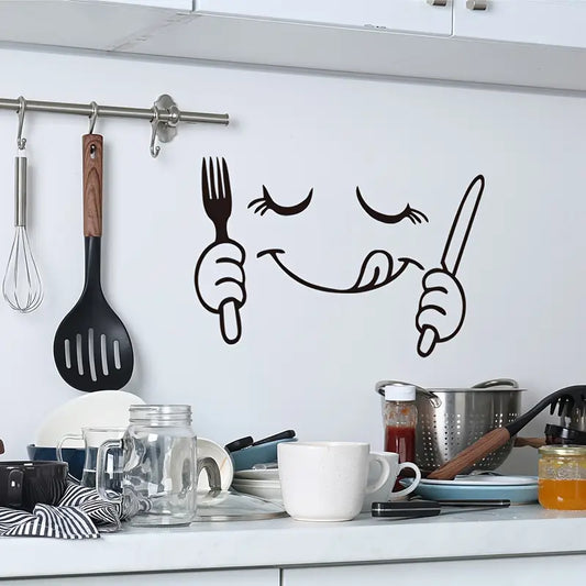 Fork & Knife With Smiley Face - Beautiful Kitchen Wall Decal - Best For Home & Restaurant