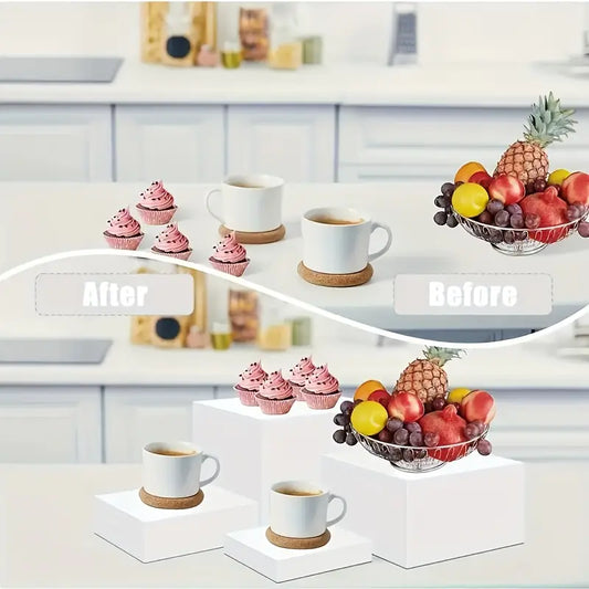 4pcs White Acrylic Display Stands - Elegant Jewelry & Dessert Organizer with Hollow Base, Perfect for Buffet Tables, Parties, and Home Decor, Dessert Display | Modern Display Stands | Sleek Finish, Jewelry Organizer Stands