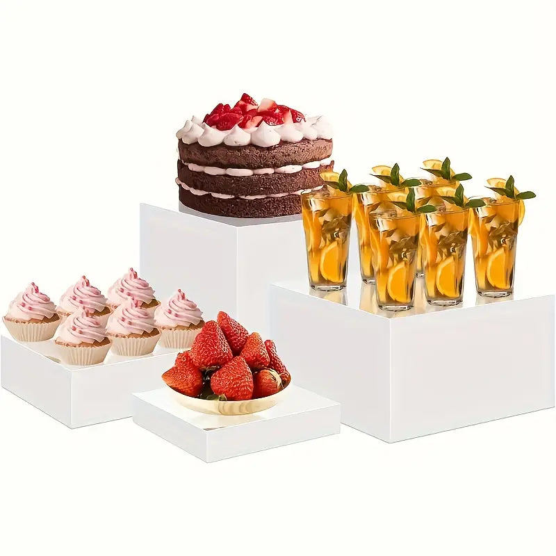 4pcs White Acrylic Display Stands - Elegant Jewelry & Dessert Organizer with Hollow Base, Perfect for Buffet Tables, Parties, and Home Decor, Dessert Display | Modern Display Stands | Sleek Finish, Jewelry Organizer Stands