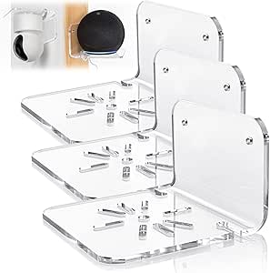 Acrylic Small Wall Shelf Set of 3 for Security Cameras, Speakers, Baby Monitors & More - 4'' Universal Adhesive Shelf Easy to Install No Drill, with Cable Clips (Clear)