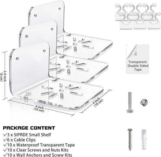 Acrylic Small Wall Shelf Set of 3 for Security Cameras, Speakers, Baby Monitors & More - 4'' Universal Adhesive Shelf Easy to Install No Drill, with Cable Clips (Clear)