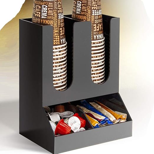 Black Paper Cup & Coffee Station Organizer – 4 Compartment Upright Dispenser for Home, Office & Restaurants