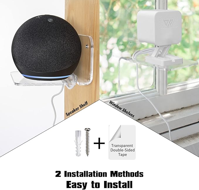 Acrylic Small Wall Shelf Set of 3 for Security Cameras, Speakers, Baby Monitors & More - 4'' Universal Adhesive Shelf Easy to Install No Drill, with Cable Clips (Clear)