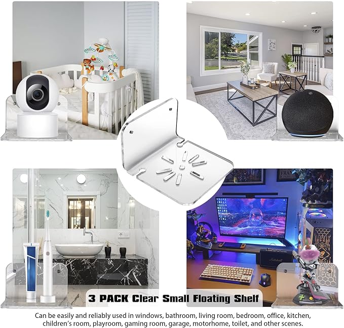 Acrylic Small Wall Shelf Set of 3 for Security Cameras, Speakers, Baby Monitors & More - 4'' Universal Adhesive Shelf Easy to Install No Drill, with Cable Clips (Clear)