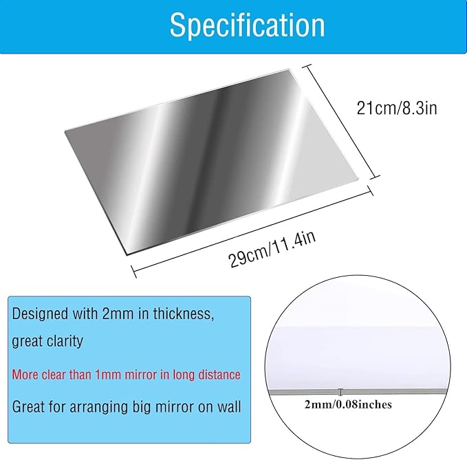 HD Adhesive Mirror 4 Pieces No Glass Tiles A4 Self-Adhesive Sheets Flexible Film Acrylic Wall Decoration (29 x 21 cm)