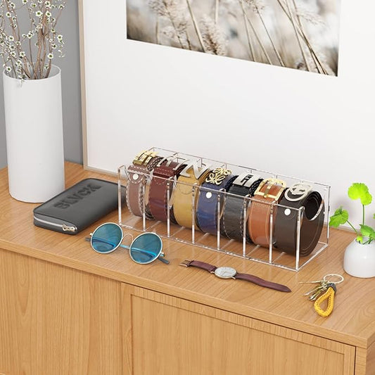 Belt Organizer, Acrylic 7 Compartments Belt Container Storage Holder, Clear Display Case for Closet Tie and Bow Tie (13.2D x 39.6W x 12.7H centimeters)