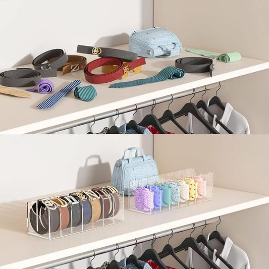 Belt Organizer, Acrylic 7 Compartments Belt Container Storage Holder, Clear Display Case for Closet Tie and Bow Tie (13.2D x 39.6W x 12.7H centimeters)