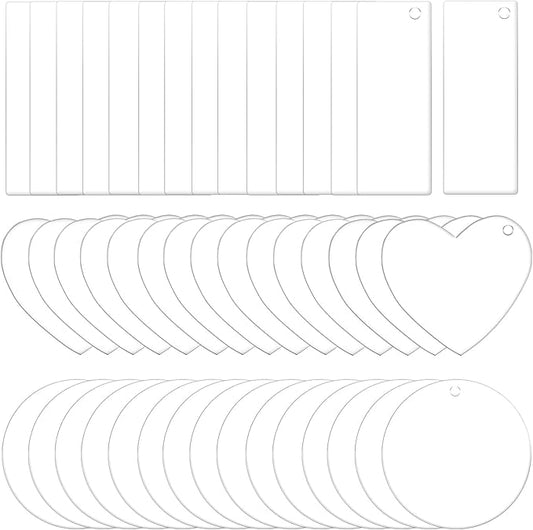45 Pcs Acrylic Keychain Blanks – Clear Key Ring Set with Round, Heart & Rectangle Shapes for DIY Crafts & Personalized Projects