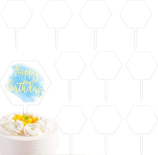 10 Pcs Clear Acrylic Cake Toppers – Blank Hexagon Shape DIY Cake Decoration for Weddings, Birthdays & Parties