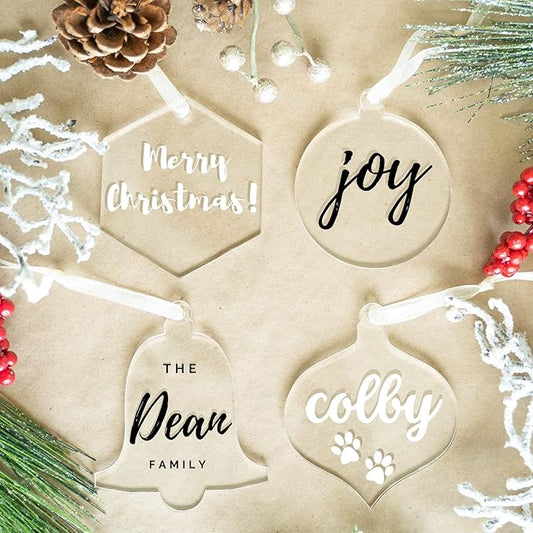 12 Pcs Clear Acrylic Christmas Ornaments – 3" Blank Baubles in Round, Bell, Lamp & Hexagon Shapes – DIY Tree Decorations & Stocking Name Tags
