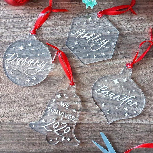 12 Pcs Clear Acrylic Christmas Ornaments – 3" Blank Baubles in Round, Bell, Lamp & Hexagon Shapes – DIY Tree Decorations & Stocking Name Tags