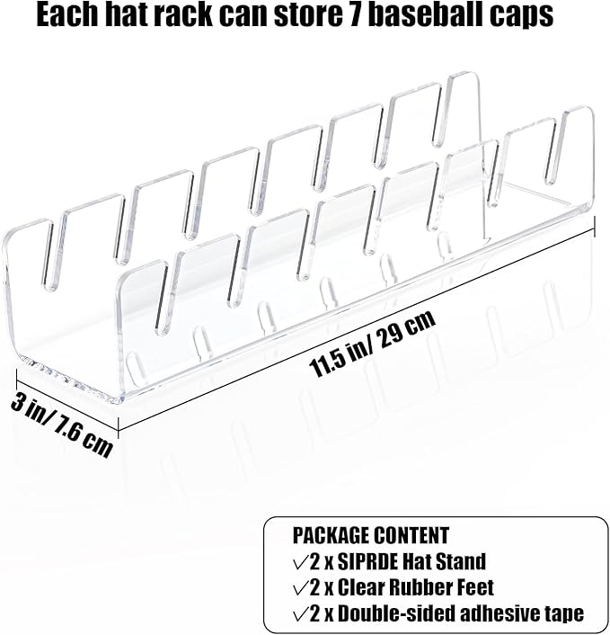 Hat Stand for Baseball Caps Display and Organizer - 2 Pack, No Install Acrylic Hat Holder for 14 Baseball Caps for Bedroom, Closet, Dresser(Clear)