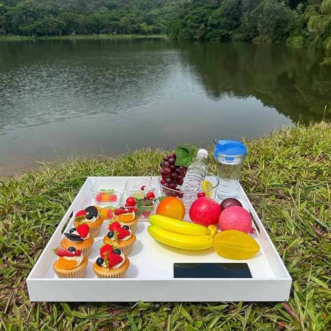 White Acrylic Large Ottoman Tray with Handles Spill Proof Serving Tray Rubber Boot Organizer Tray Decorative for Living Room Bedroom Kitchen Entryway Coffee Table Countertop