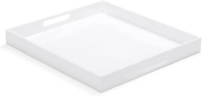 White Acrylic Large Ottoman Tray with Handles Spill Proof Serving Tray Rubber Boot Organizer Tray Decorative for Living Room Bedroom Kitchen Entryway Coffee Table Countertop