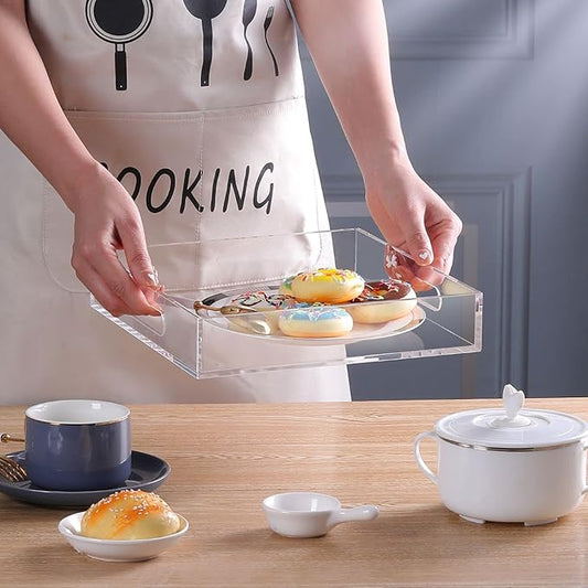 Acrylic Ottoman Tray with Handles 10x10x2 Inch Spill Proof Serving Tray Safe Edge Organizer Tray Decorative Tray for Living Room Bedroom Kitchen Bathroom Coffee Table Countertop