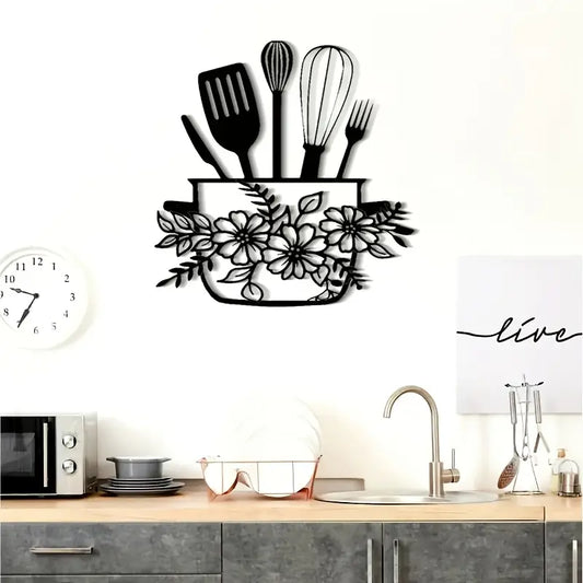 Black Floral & Kitchen Utensil Design - Home Wall Decor