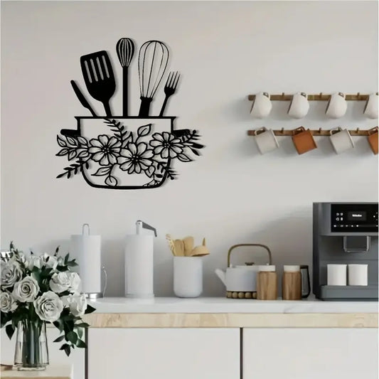Black Floral & Kitchen Utensil Design - Home Wall Decor