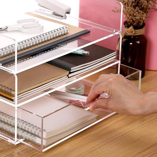 Acrylic Desk Organizer with Drawer – 2-Tier Clear Paper Tray for Letter/A4 Printer Paper, Files & Magazines | Office Supplies Storage