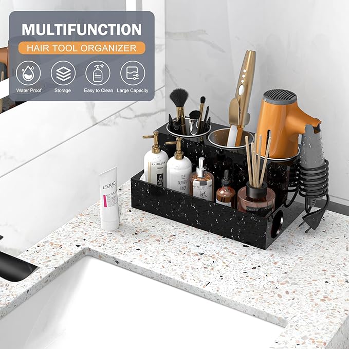 Hair Tool Organizer, Acrylic Holder for Blow Dryer/ Styling Tools/ Flat Irons/ Curling Irons/ Vanity Storage, Black Modern Countertop Stand for Accessories, Home, Kitchen, Bathroom
