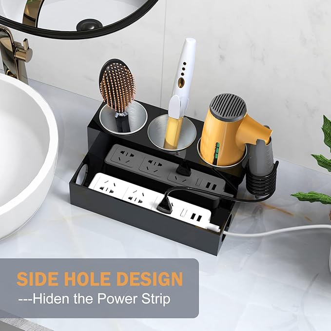 Hair Tool Organizer, Acrylic Holder for Blow Dryer/ Styling Tools/ Flat Irons/ Curling Irons/ Vanity Storage, Black Modern Countertop Stand for Accessories, Home, Kitchen, Bathroom