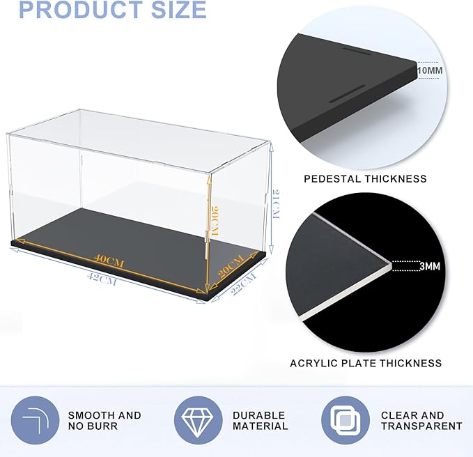 Acrylic Display Case with Black Base for Lego | Clear Acrylic Display Box for Collectibles Dustproof Protection Showcase (Black, 40x20x20 cm / 15.7x7.9x7.9 inch)