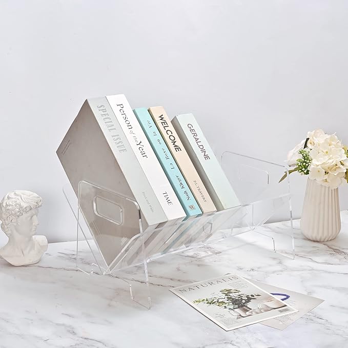 Clear Acrylic Mini Bookshelf – Small Desk Organizer & Bookcase for CDs, Books, Magazines | Desktop Storage Rack for Home & Office
