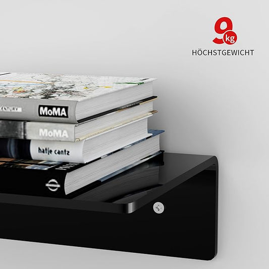 Set of 2 Black Acrylic Wall Shelves – 43cm L-Shape Floating Shelves, Perspex Corner Display Racks for Home Décor, Towels, Candles & Collectibles