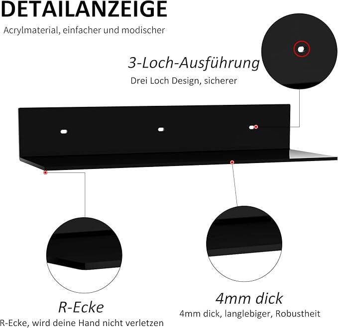 Set of 2 Black Acrylic Wall Shelves – 43cm L-Shape Floating Shelves, Perspex Corner Display Racks for Home Décor, Towels, Candles & Collectibles