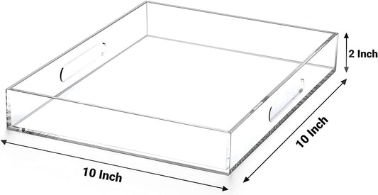 Acrylic Ottoman Tray with Handles 10x10x2 Inch Spill Proof Serving Tray Safe Edge Organizer Tray Decorative Tray for Living Room Bedroom Kitchen Bathroom Coffee Table Countertop