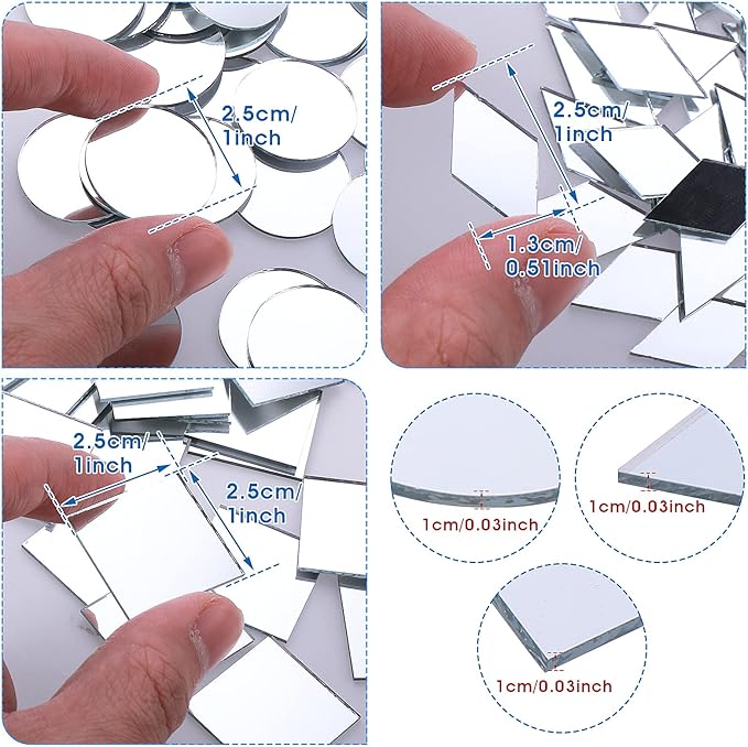 120 Pcs Small Mirrors for Crafts, 3 Shapes Mirror Pieces for Crafts, Square Diamond Round Craft Mirror DIY Mirror Mosaic Tiles for Disco Ball Lamp Framing Decoration