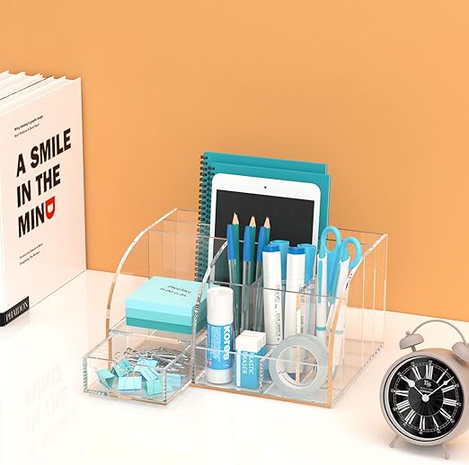 Clear Acrylic Desk Organizer with Drawer – 8 Compartments Office Supplies Storage for Home, School & Workspace