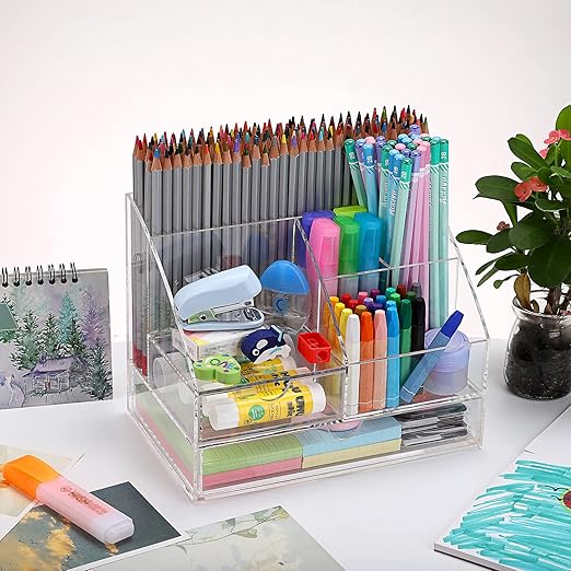 Acrylic Desk Supply Organizer with Drawers – Clear Pen, Stationery & Office Storage Box