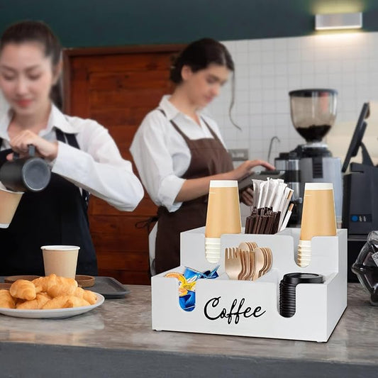 Coffee Station Organizer – 6 Compartment Acrylic Lid & Cup Holder, Condiment Storage Dispenser for Countertops