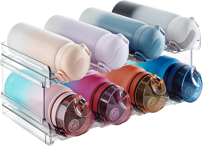 Stackable Water Bottle Organizer – Plastic Holder for 8 Bottles, Kitchen Pantry, Cabinet, Fridge, Wine & Tumbler Storage Rack