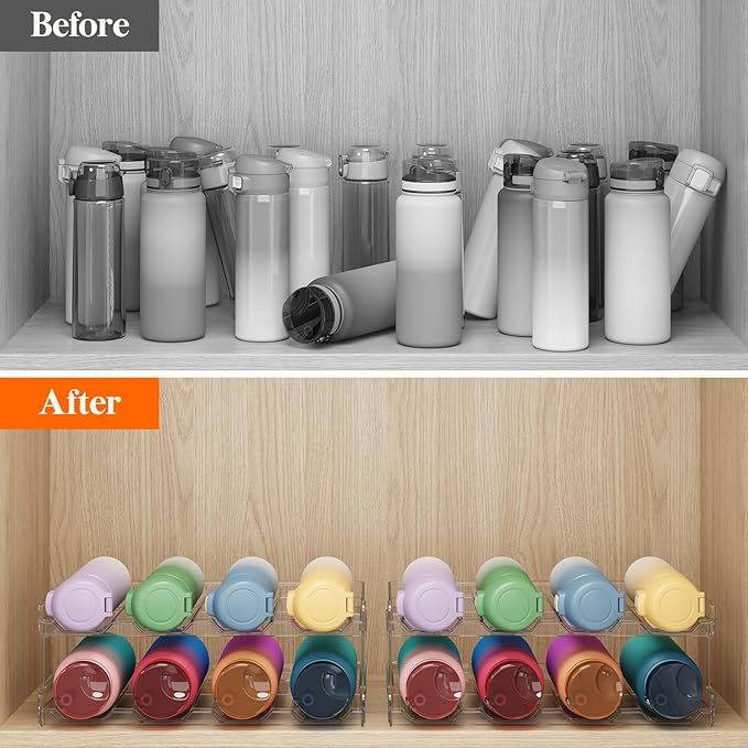 Stackable Water Bottle Organizer – Plastic Holder for 8 Bottles, Kitchen Pantry, Cabinet, Fridge, Wine & Tumbler Storage Rack