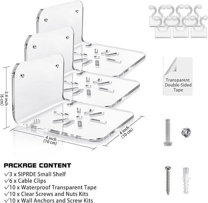 Acrylic Small Wall Shelf Set of 3 for Security Cameras, Speakers, Baby Monitors & More - 4'' Universal Adhesive Shelf Easy to Install No Drill, with Cable Clips (Clear)