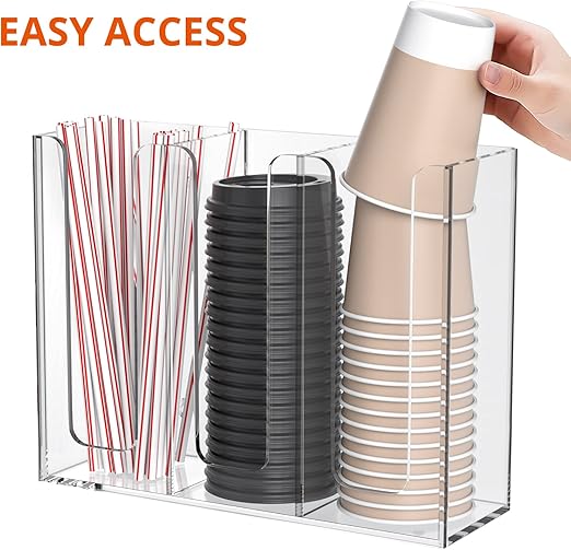 Clear Acrylic Coffee Cup and Lid Organizer – 3 Compartment Storage Holder for Countertops