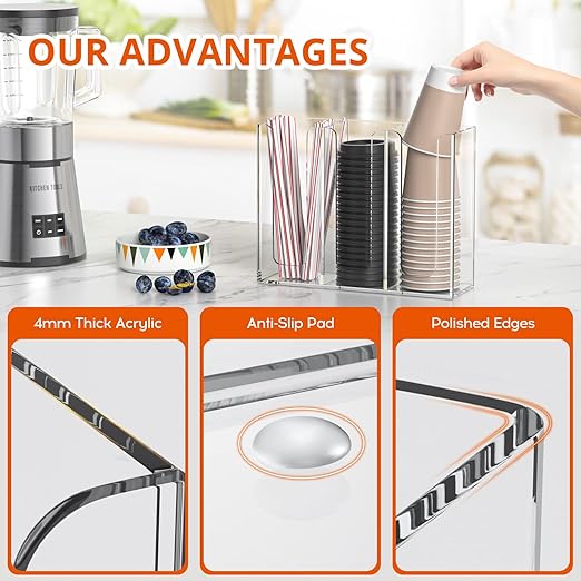 Clear Acrylic Coffee Cup and Lid Organizer – 3 Compartment Storage Holder for Countertops