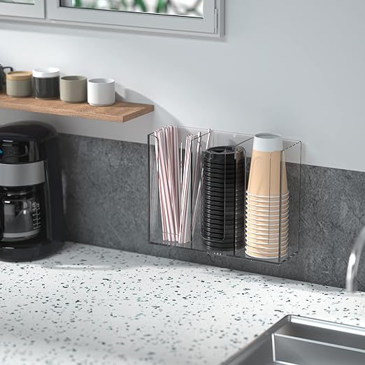 Clear Acrylic Coffee Cup and Lid Organizer – 3 Compartment Storage Holder for Countertops