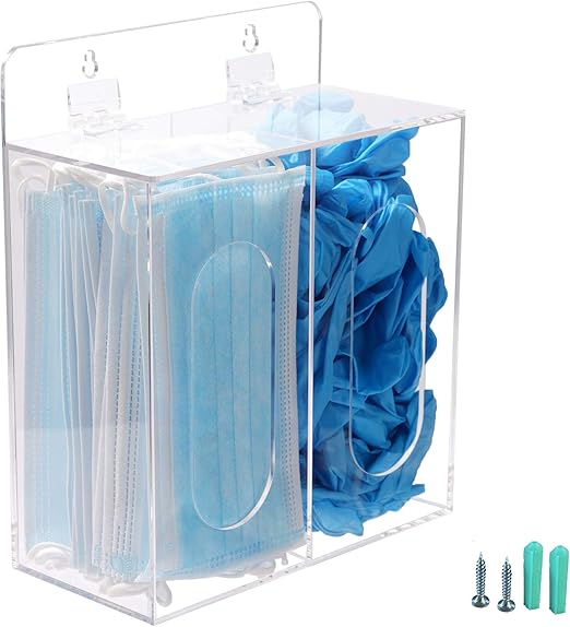 Acrylic Glove Dispenser Box Holder with Lid, Double Hairnet & Shoe Cover Dispenser, Bouffant Cap Dispenser, Emesis Bags Dispenser, Can Hang on The Wall and Stand on The Table (Clear)