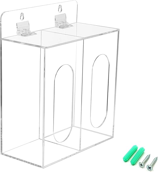 Acrylic Glove Dispenser Box Holder with Lid, Double Hairnet & Shoe Cover Dispenser, Bouffant Cap Dispenser, Emesis Bags Dispenser, Can Hang on The Wall and Stand on The Table (Clear)