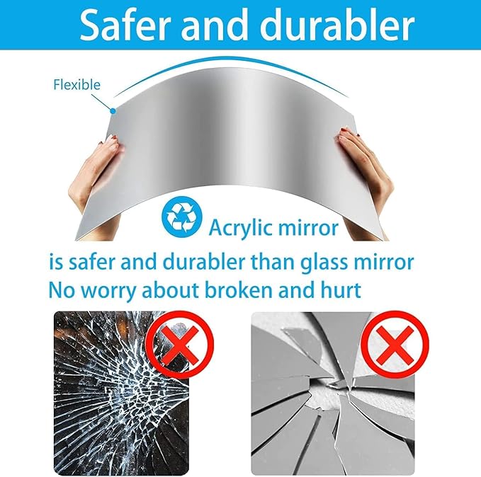HD Adhesive Mirror 4 Pieces No Glass Tiles A4 Self-Adhesive Sheets Flexible Film Acrylic Wall Decoration (29 x 21 cm)