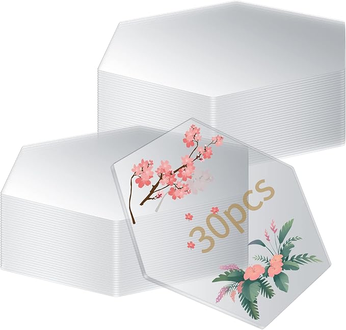 30 Pcs Clear Hexagon Acrylic Sheets – Transparent Acrylic Blanks for DIY Crafts, Painting, Place Cards, Signs & Display Stands