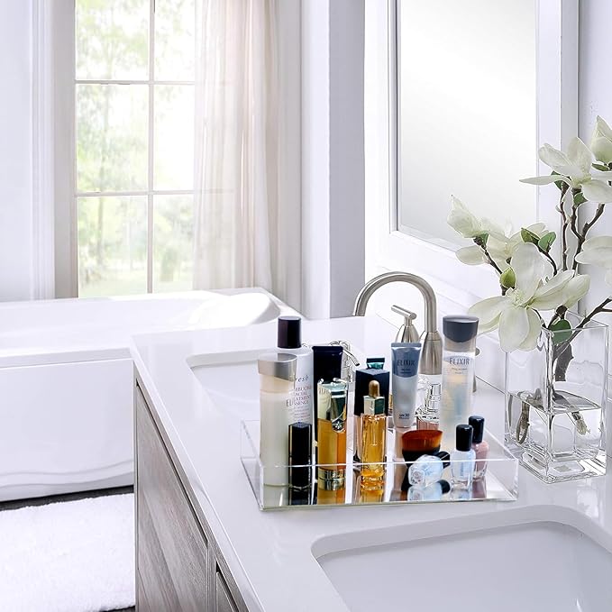 Vanity Tray, Multifunctional Bathroom Decorative Tray with Smooth Mirror Home Décor, Countertop Organization Bathroom Holder Organizer for Candles Perfume Cosmetics Jewelries