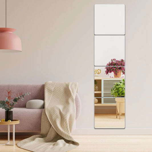 Square with Round Edge Acrylic Mirror [4 pieces] Acrylic Crystal Mirror - Best For Living Room, Bedroom & Stair Wall